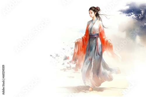 Beautiful young Chinese woman in traditional clothes, watercolor illustration generative AI
