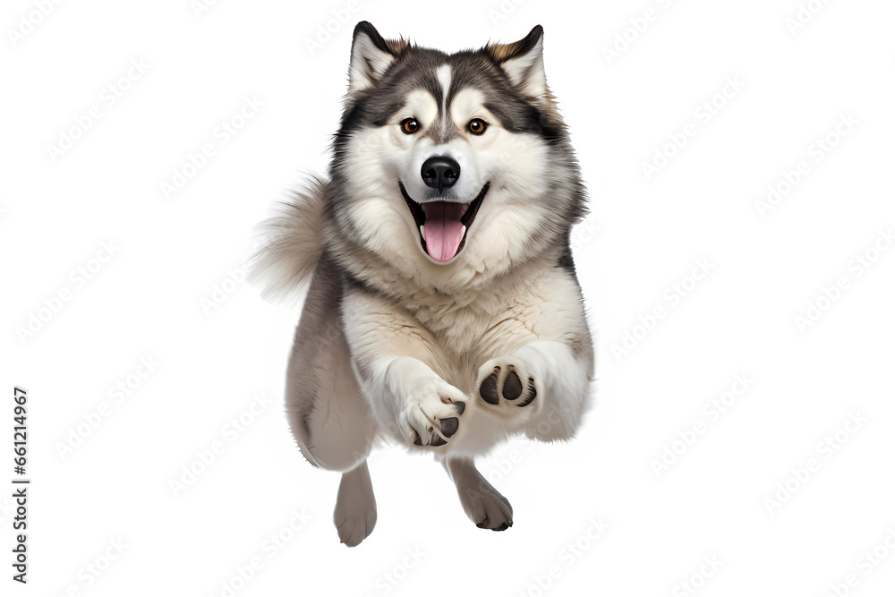 Fototapeta premium Alaskan Malamute Jumping on White Background 