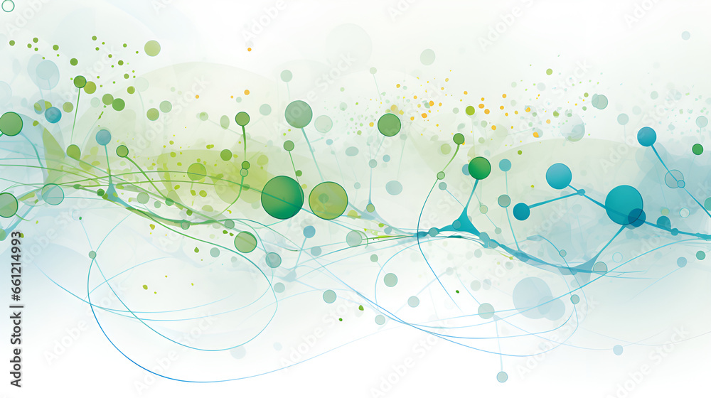 Organic ecosystem of interconnected dots. Closeup of green dots connected with thin blue lines. Abstract background, backdrop. Generative AI. Organic ecosystem of interconnected dots. Closeup of green dots connected with thin blue lines. Abstract background, backdrop. Generative AI.