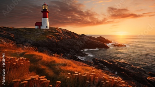 Coastal lighthouse on rugged cliffs at sunset.