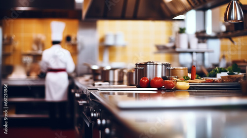 chef is preparing food in a kitchen - blurred background - generative AI