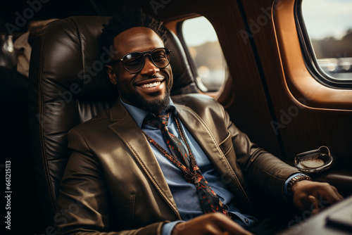 Successful a black businessman sitting in an airplane while holding his coffee © Ricardo Costa