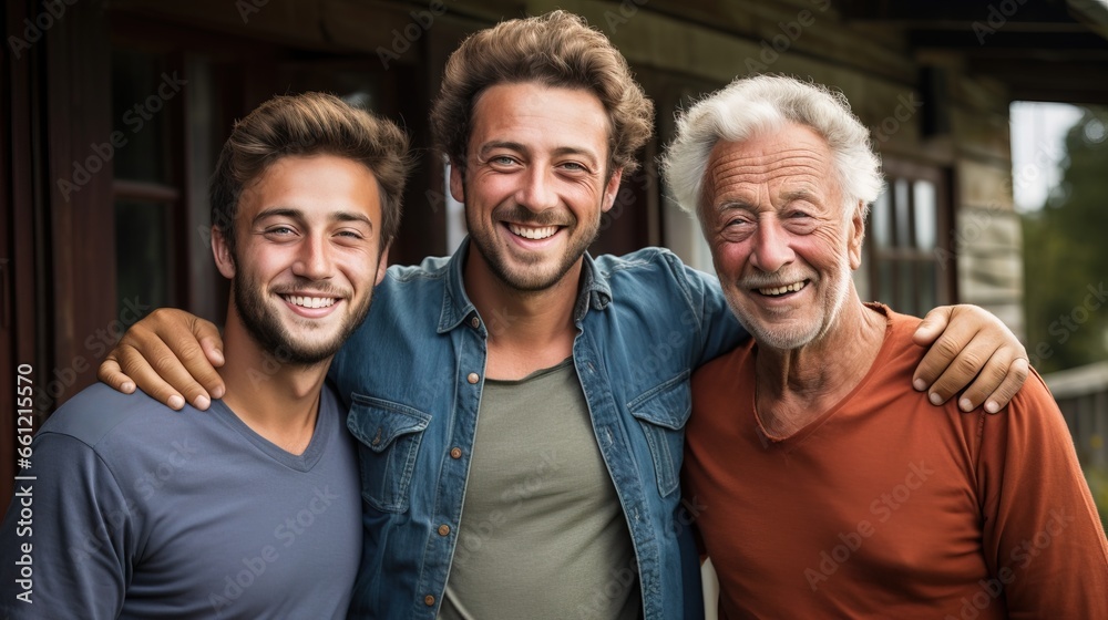 Cheerful portrait of three generations of Caucasian men, all smiling. - obrazy, fototapety, plakaty 