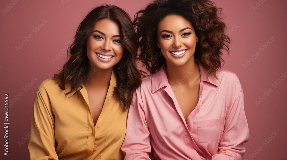 Two young African American female friends pose in their pajamas against a soft pink background. Two young African American female friends pose in their pajamas against a soft pink background.