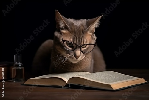 Smart feline with spectacles absorbed in books, emphasizing education, curiosity, and technology. Generative AI