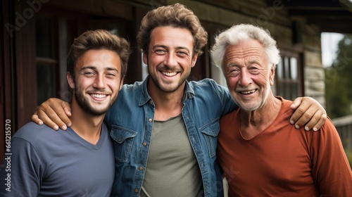 Cheerful portrait of three generations of Caucasian men, all smiling. photo
