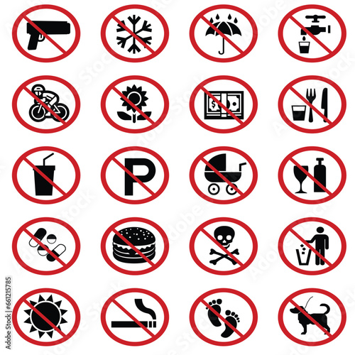 Forbidden icons. prohibiting red symbols no motorcycle animals guns sound phones parking car vector set. illustration forbidden big collection, prohibited and restrict