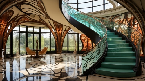Entry foyer curved staircase art