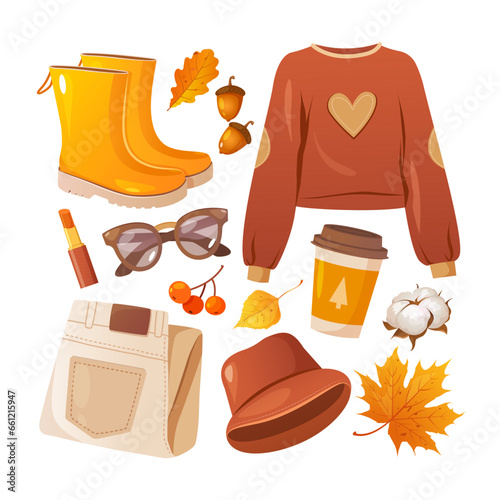 Vector cozy set with clothes and objects for autumn weather