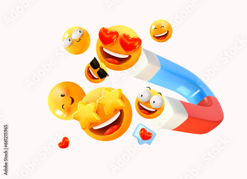 Magnet attracts smileys. Marketing and business strategy. Lead generation and customer search. In 3D style. Vector illustration