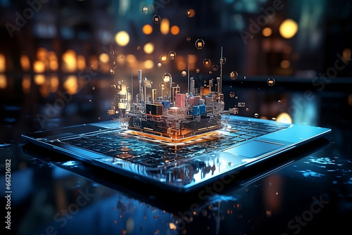 Technology of the future reflecting a hologram of a city, generative AI