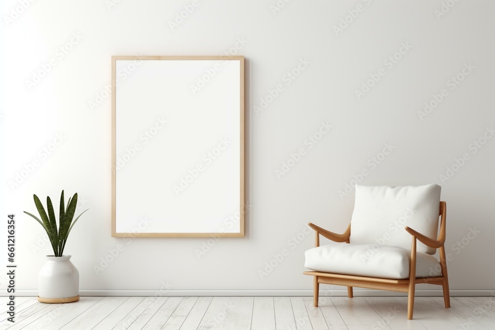 Simple room, empty frame, light wooden frame, luxurious black interior, white walls, bright. Generative AI Simple room, empty frame, light wooden frame, luxurious black interior, white walls, bright. Generative AI