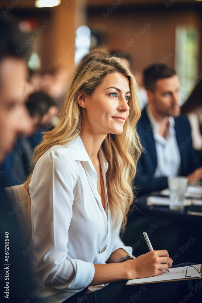 Fototapeta premium Woman entrepreneur listening attentively visiting a seminar and make notes in notebook