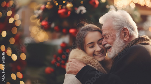 The joy and excitement of a grandfather reuniting with his teenage granddaughter during the holiday festivities, christmas tree background.copy space