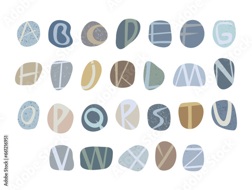 Sea river stones alphabet. Pattern on pebbles in form of letters. Different coloured shapes on white background. Flat style. Vector illustration