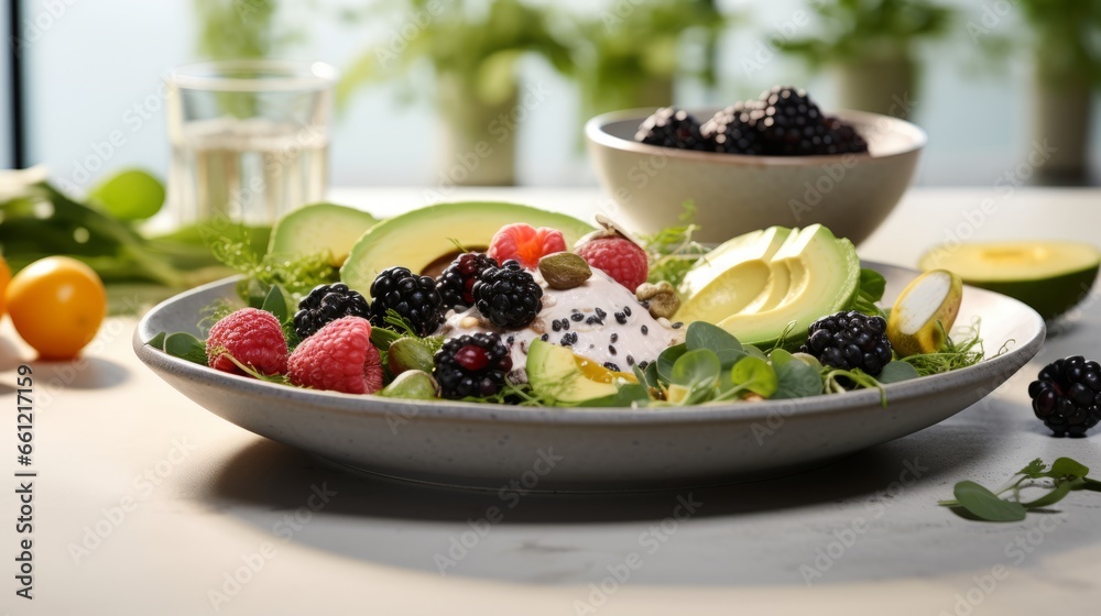 Nutrient-Rich Start: Meticulously Arranged Healthy Breakfast with Freshness and Wholesomeness Nutrient-Rich Start: Meticulously Arranged Healthy Breakfast with Freshness and Wholesomeness
