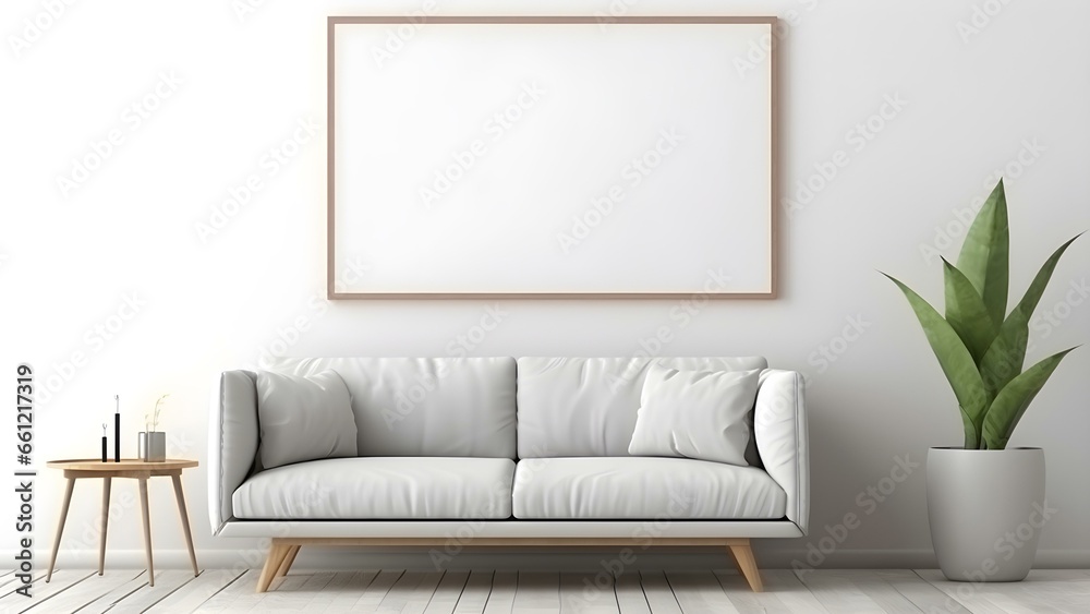 Sleek Interior Setting with Poster Frame Mockup, 3D Render - generative KI Sleek Interior Setting with Poster Frame Mockup, 3D Render - generative KI