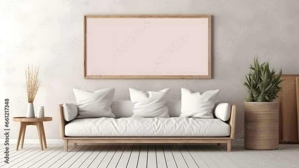 Sleek Interior Setting with Poster Frame Mockup, 3D Render - generative KI Sleek Interior Setting with Poster Frame Mockup, 3D Render - generative KI