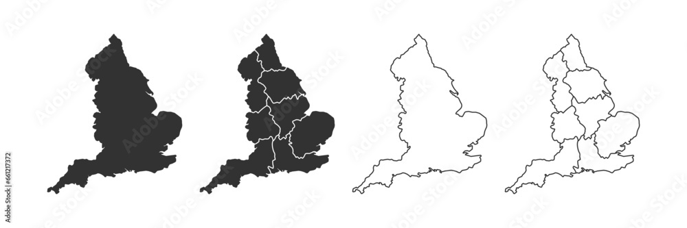 Fototapeta premium England map icon. English country border symbol. UK geography signs. Europe symbols. British kingdom icons. Black color. Vector sign.