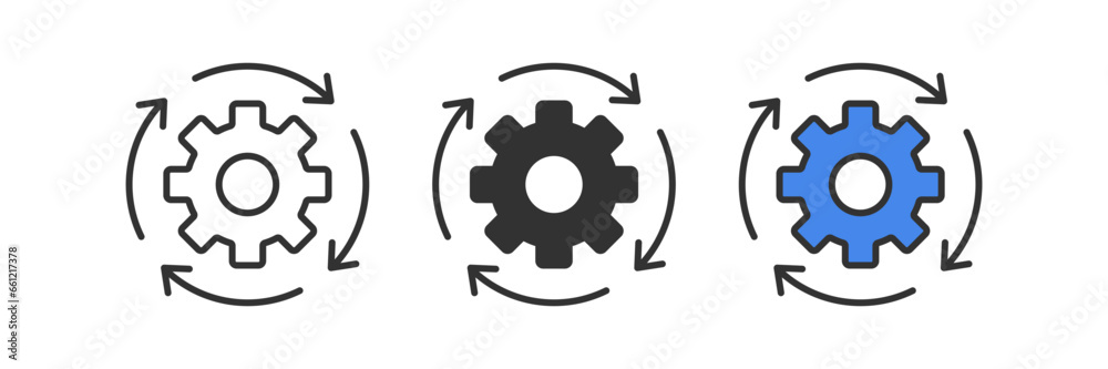 Gear reload icon. System update symbol. Cog refresh signs. Setting recovery symbols. Software repair icons. Black, blue color. Vector sign. Gear reload icon. System update symbol. Cog refresh signs. Setting recovery symbols. Software repair icons. Black, blue color. Vector sign.