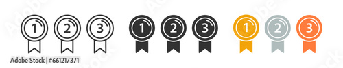 Medal icon. Gold award symbol. Champion first, second, third place signs. Badge winner symbols. Award for 1st place icons. Black, gold, silver, bronze color. Vector sign.