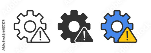 Gear error icon. System failure symbol. Technical warning signs. Exclamation mark symbols. Attention alert trouble work icons. Black, blue, yellow color. Vector sign.