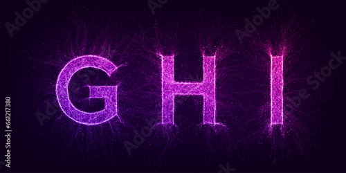 Artificial intelligence futuristic alphabet with thin expansion glowing lines. GHI. Neural network, machine learning, quantum computer, big data. Overlay color, easy to change. Vector illustration