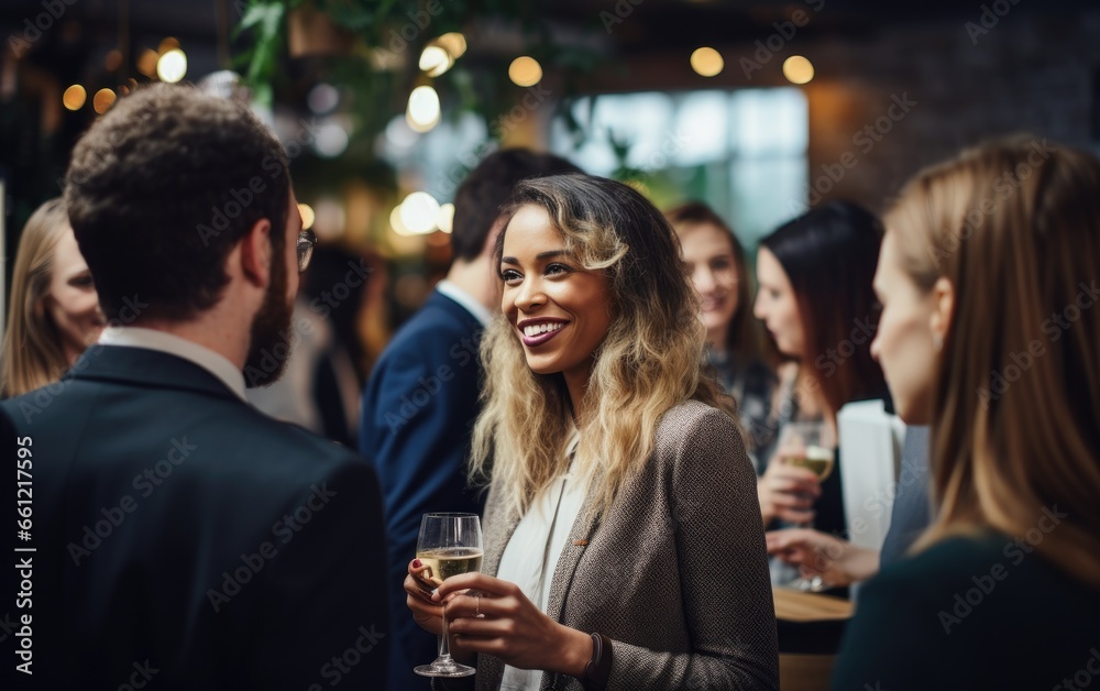 Woman entrepreneur on a networking event talking to other women - obrazy, fototapety, plakaty 