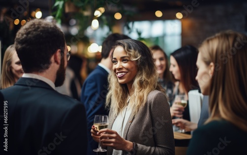 Woman entrepreneur on a networking event talking to other women photo