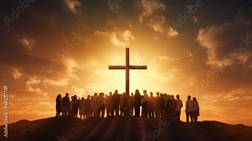 People are standing near the cross. Silhouettes of Christian men and women. Religious concept of faith and prayer. Morning or evening orange background with bright sun. AI Generated