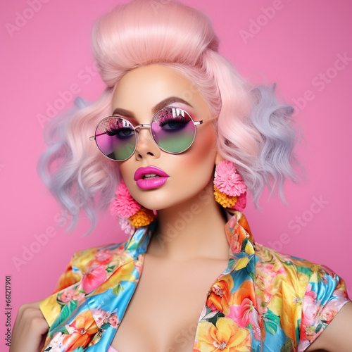 pink sunglasses with bright makeup in two side