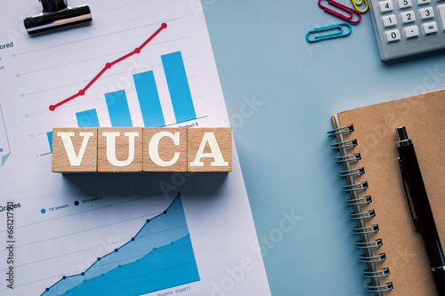 There is wood cube with the word VUCA. It is an abbreviation for Volatility, Uncertainty, Complexity, Ambiguity as eye-catching image.
