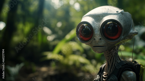 Alien with big eyes from outer space in the jungle.