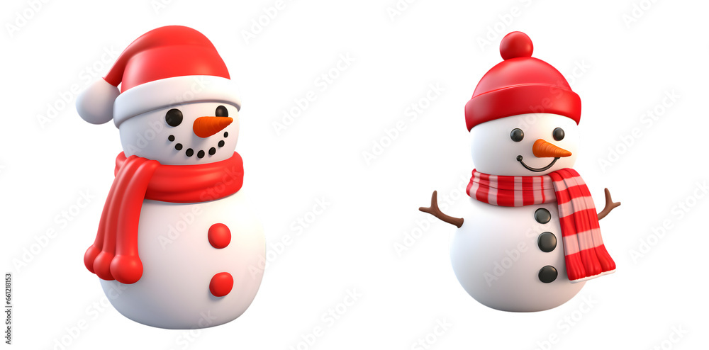 Realistic 3D snowman set: Perfect for Merry Christmas and Happy New Year on transparent background - Generative AI
