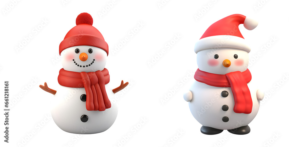 A set of realistic 3D snowman for a Happy New Year and Merry Christmas on transparent background - Generative AI