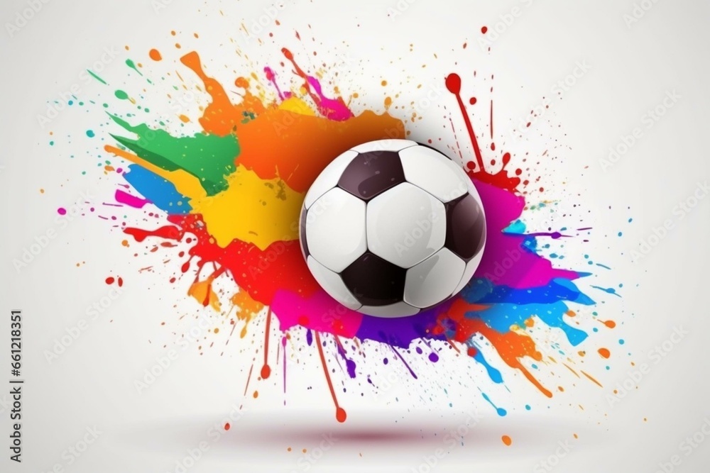 Vibrant soccer ball splash on white sports banner with room for text. Illustration. Generative AI