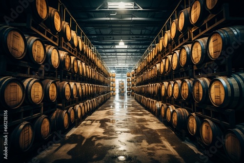 Warehouse filled with stacked whiskey barrels. Generative AI