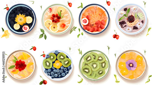 Image of a flat lay composition of various smoothie bowls in different colors, each decorated with a unique pattern of fruits, nuts, and edible flowers