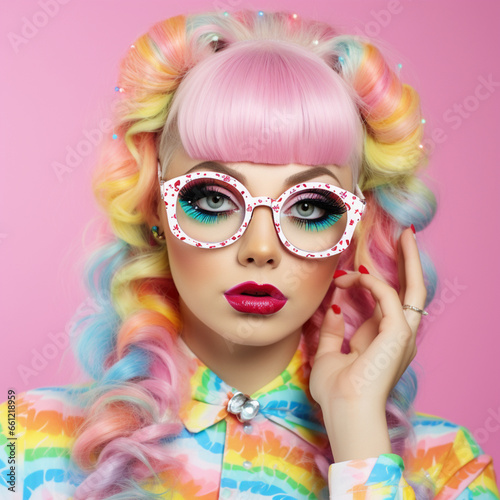 pink sunglasses with bright makeup in two side