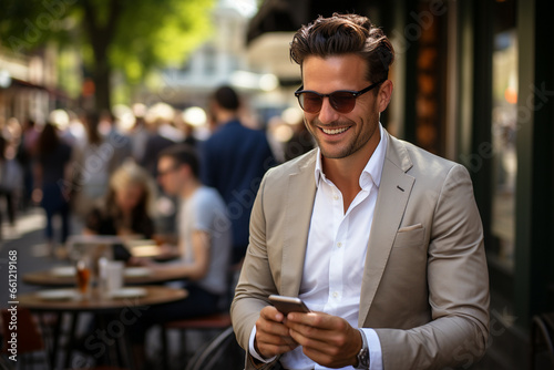 A white business man using his smartphone outside