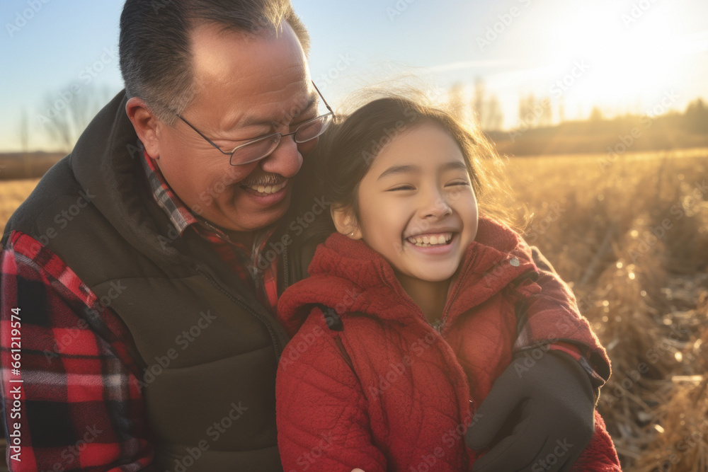 Fototapeta premium An Asian grandfather and his granddaughter are having a fun time together on a fall afternoon outdoors.