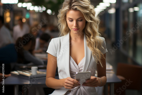 A white business woman using his smartphone outside