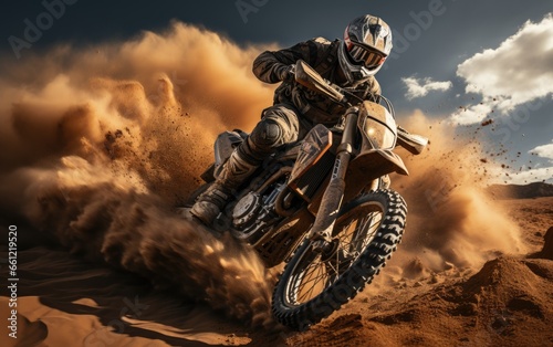 A man riding his dirt motorbike at the sand dunes photo