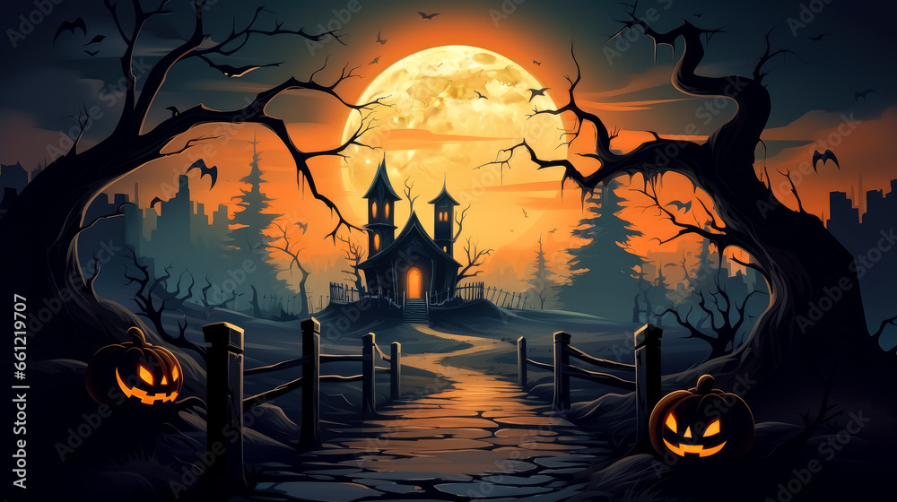 Halloween night in the countryside, Halloween scene with pumpkins on a path.
