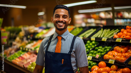 Portrait of an attractive smiling Indian young man shop worker standing in a supermarket Young male food store assistant vegetable and fruit retailer selective focus