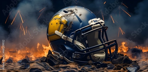 An American football helmet with fire in the background.