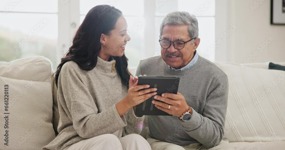 Technology, happy and woman teaching father on couch, tablet and learning in retirement. Dad and daughter, love and support or help with internet and online communication, social media and helping