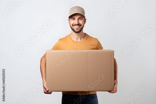 Junger Mann mit Karton in den Händen als Freisteller photo