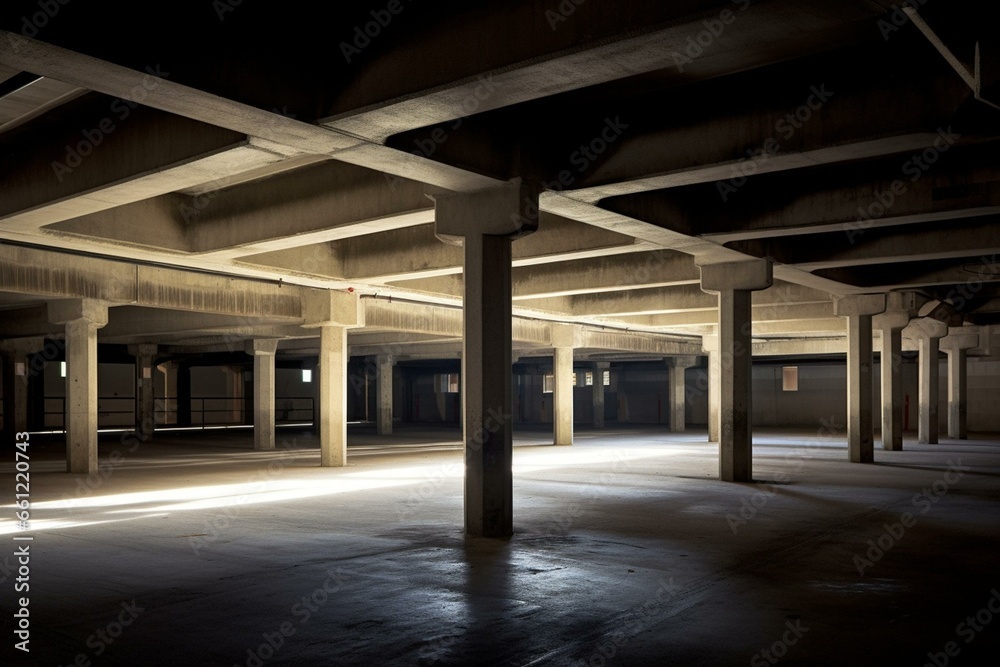 deserted subterranean parking structure. Generative AI