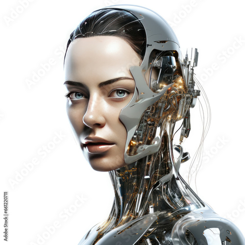 A beautiful cyborg woman with intricate technology combined with her natural face.